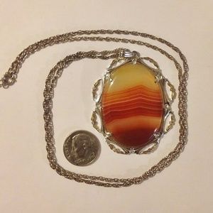 VTG JJJ SS BANDED CARNELIAN PENDANT & CHAIN 20"